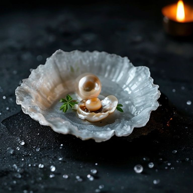 A single oyster on crushed ice with a pale mignonette pearl