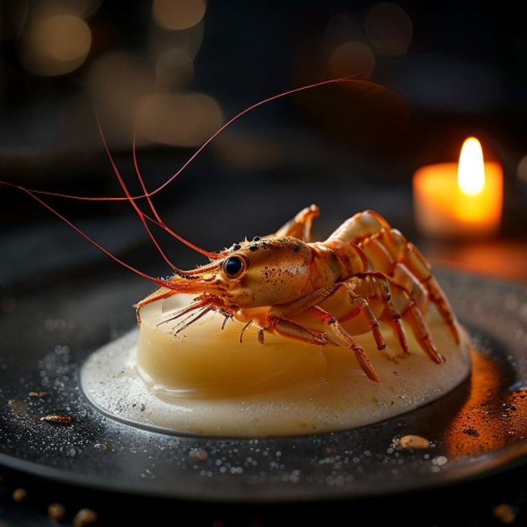 A langoustine course glossed with bisque foam and a gold accent
