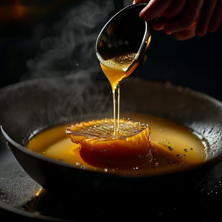 A fish fillet in a saffron shellfish broth being poured tableside