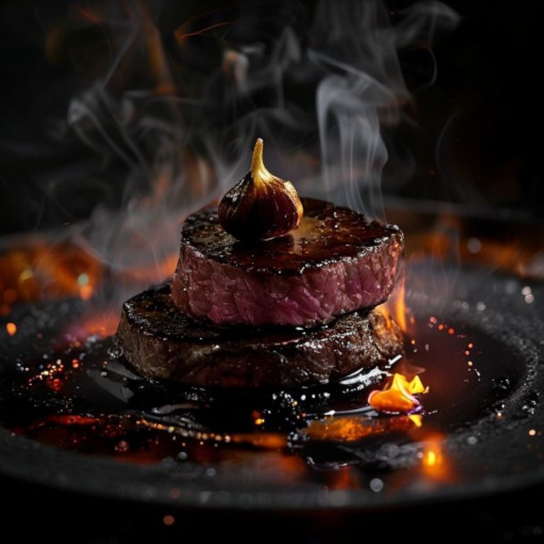 A seared wagyu course over glowing embers with charred allium
