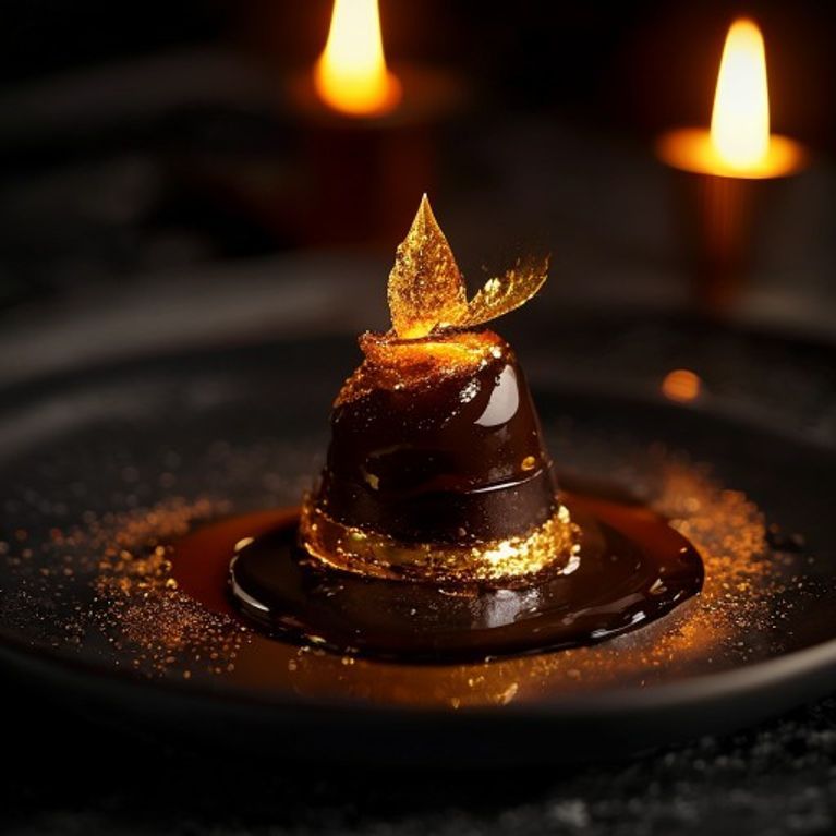 A dark chocolate and burnt-caramel dessert with gold leaf
