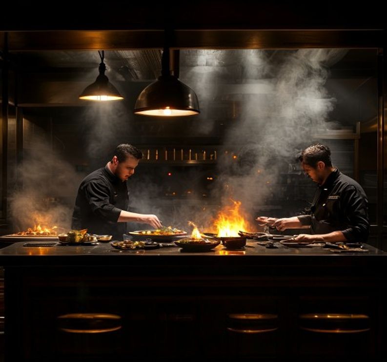 Two chefs plating at the pass beneath hard pendant light, controlled fire and drifting smoke behind them, seen from the guest counter
