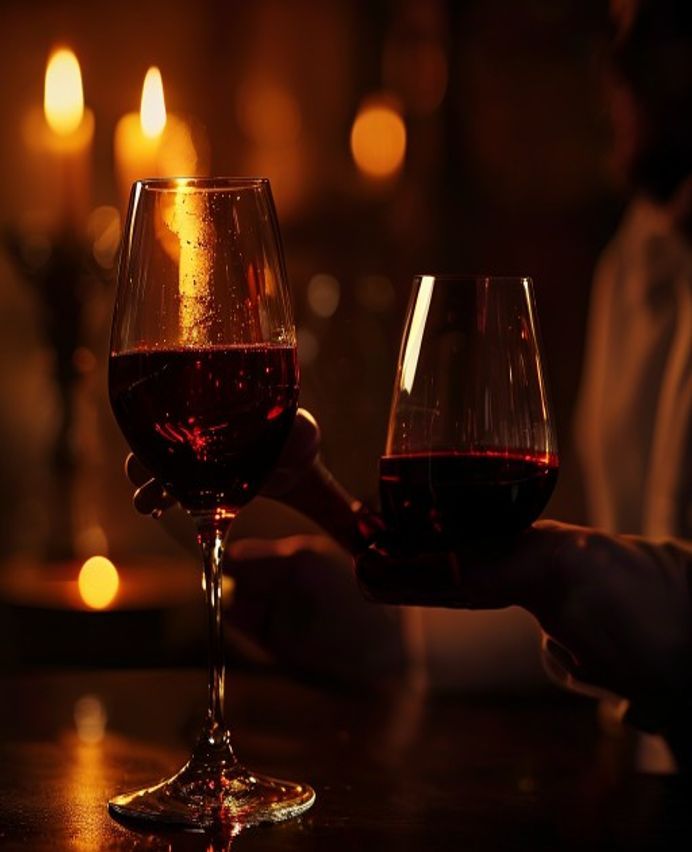 A sommelier pouring deep red wine into a crystal glass by candlelight