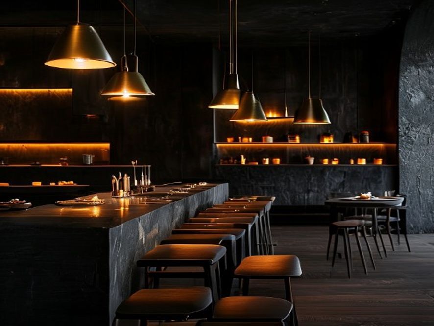 An intimate dining room with a long chef's counter and a warmly glowing open kitchen